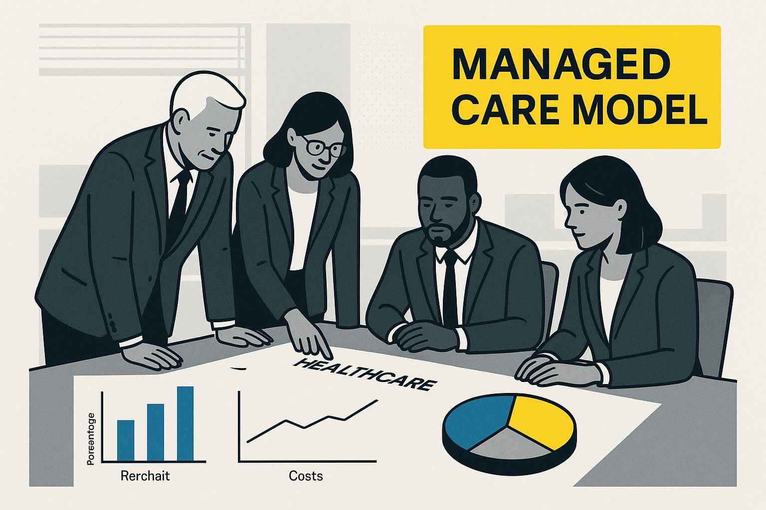 A group of executives reviews healthcare charts, visualizing the managed care model central to Medicare Advantage plans.