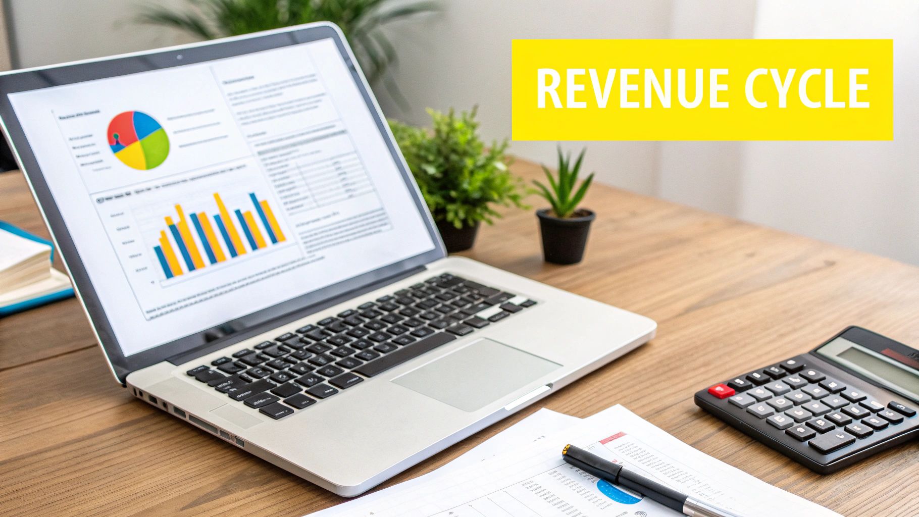 A laptop displaying financial charts and documents on a desk, with a 'REVENUE CYCLE' banner.