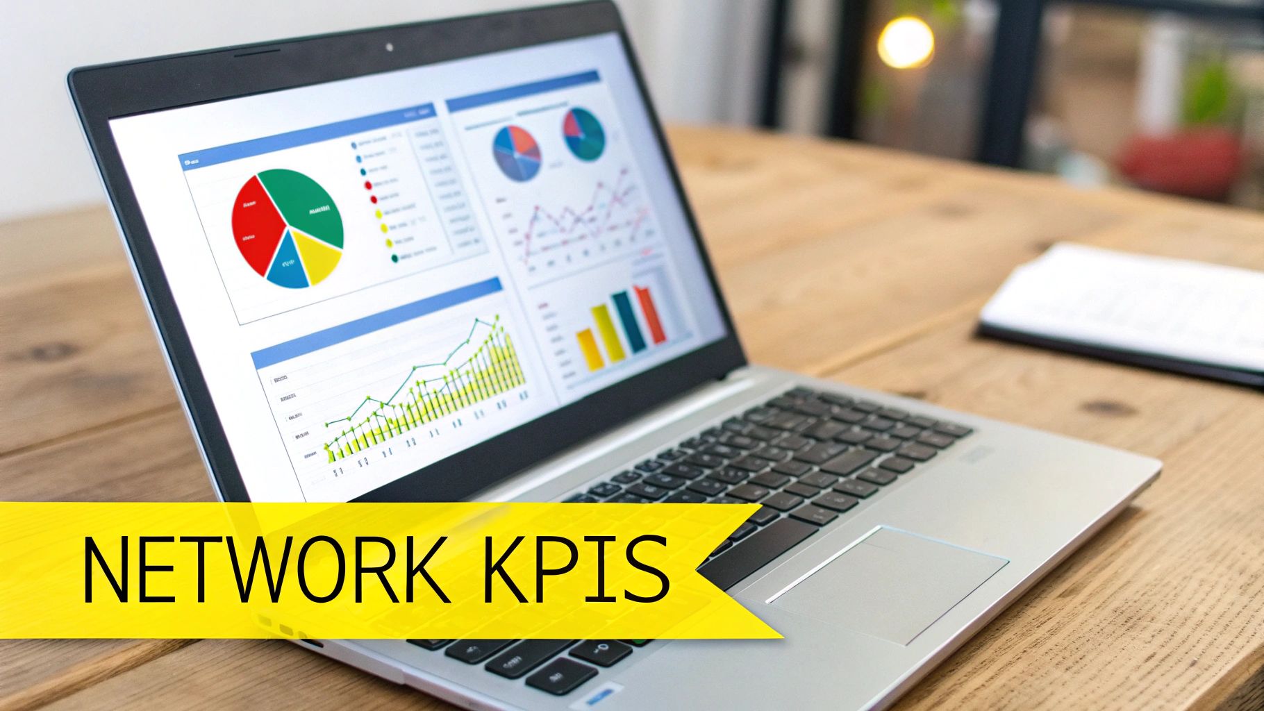 A laptop displays network KPIs and data visualization charts on a wooden desk.