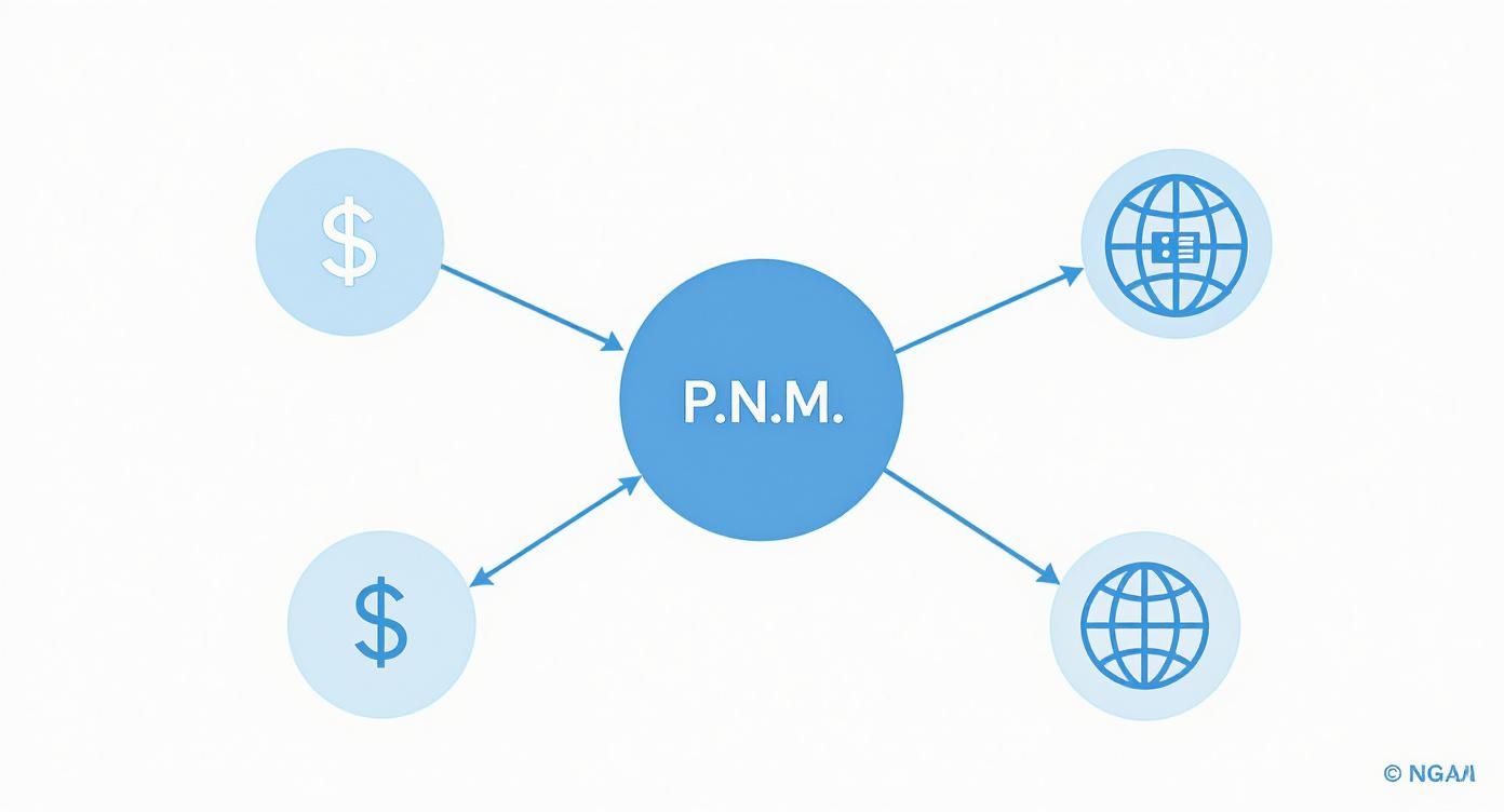 A diagram showing 'P.N.M.' in the center, receiving inputs from two dollar signs and directing outputs to two globe symbols.