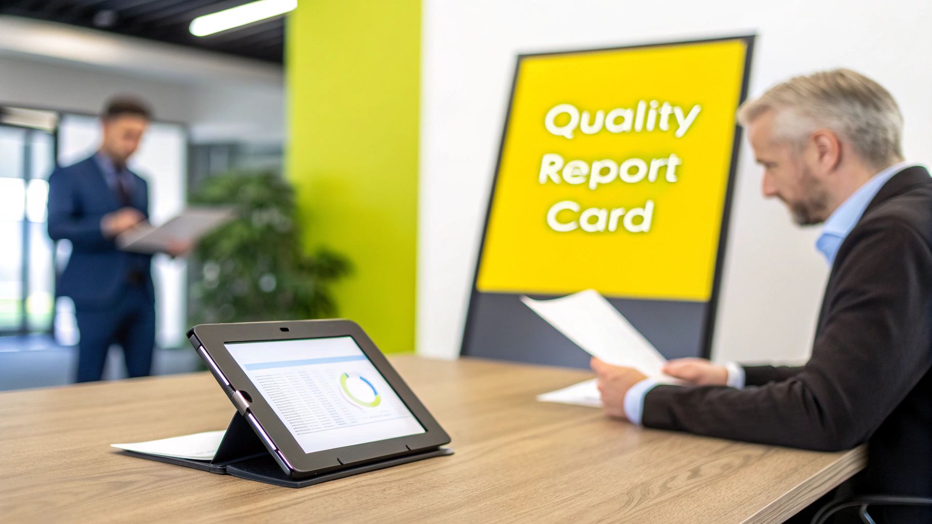 A group of healthcare executives in a modern office, analyzing data on a large screen, symbolizing strategic planning.
