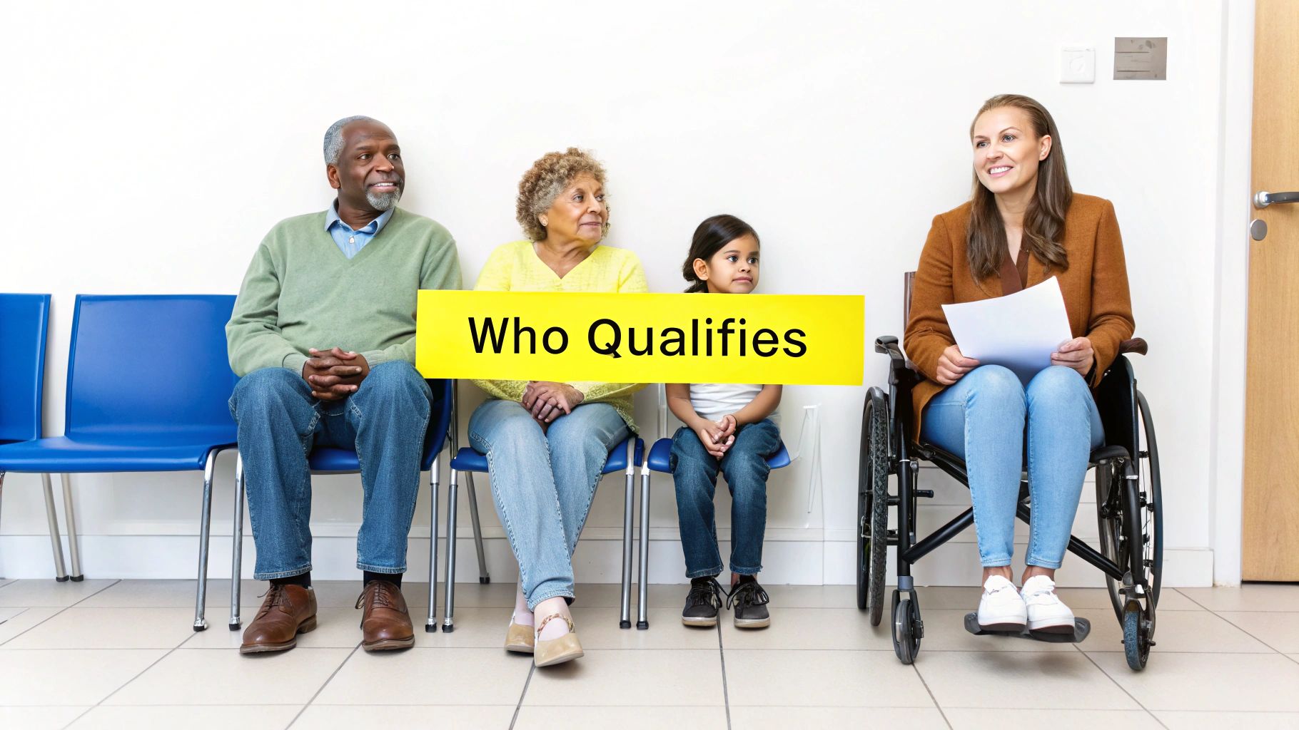 Older couple reviewing medical documents and a young family together.