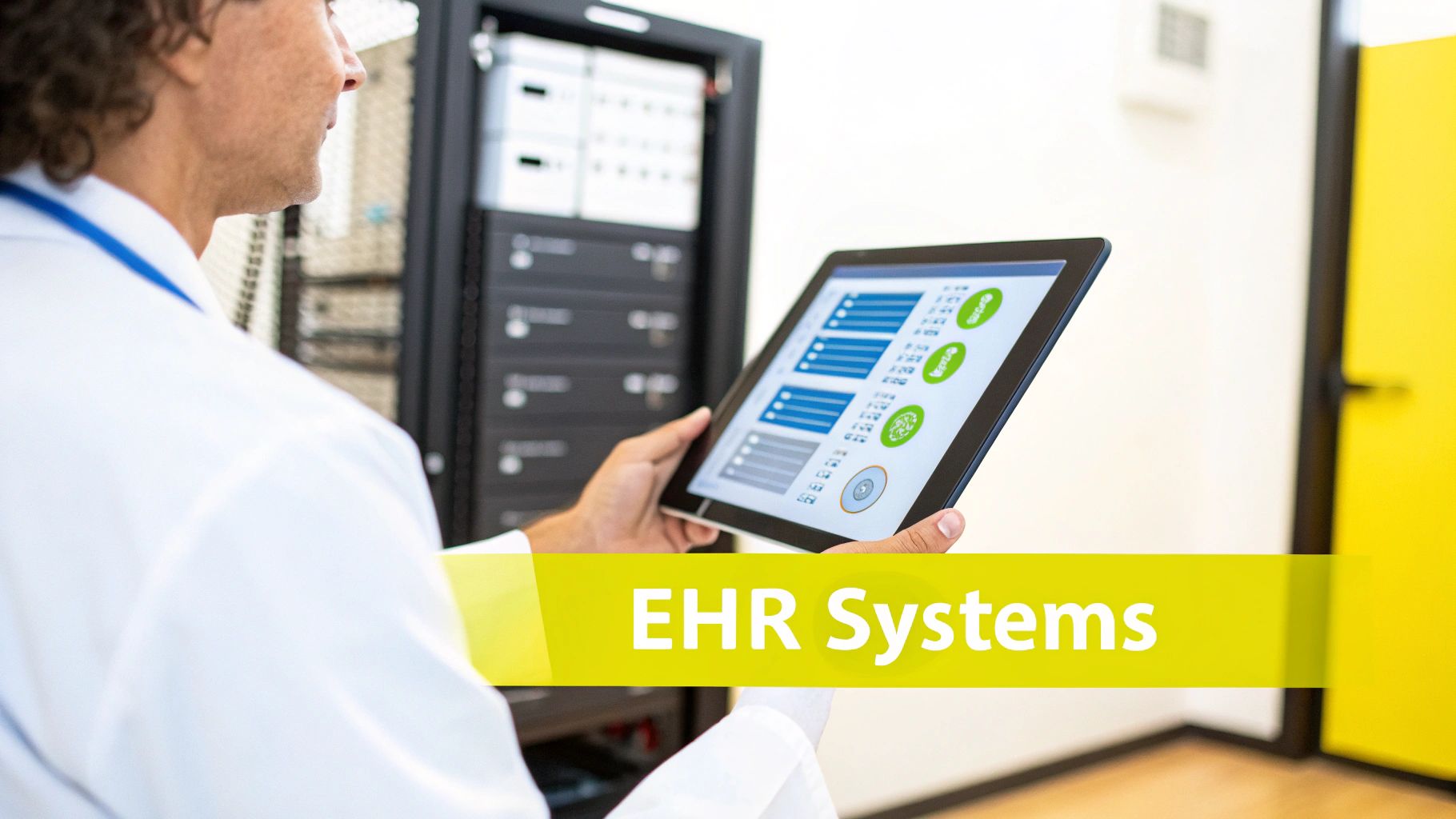 A healthcare professional in a white coat examines data on a tablet, with server racks in the background, highlighting EHR systems.