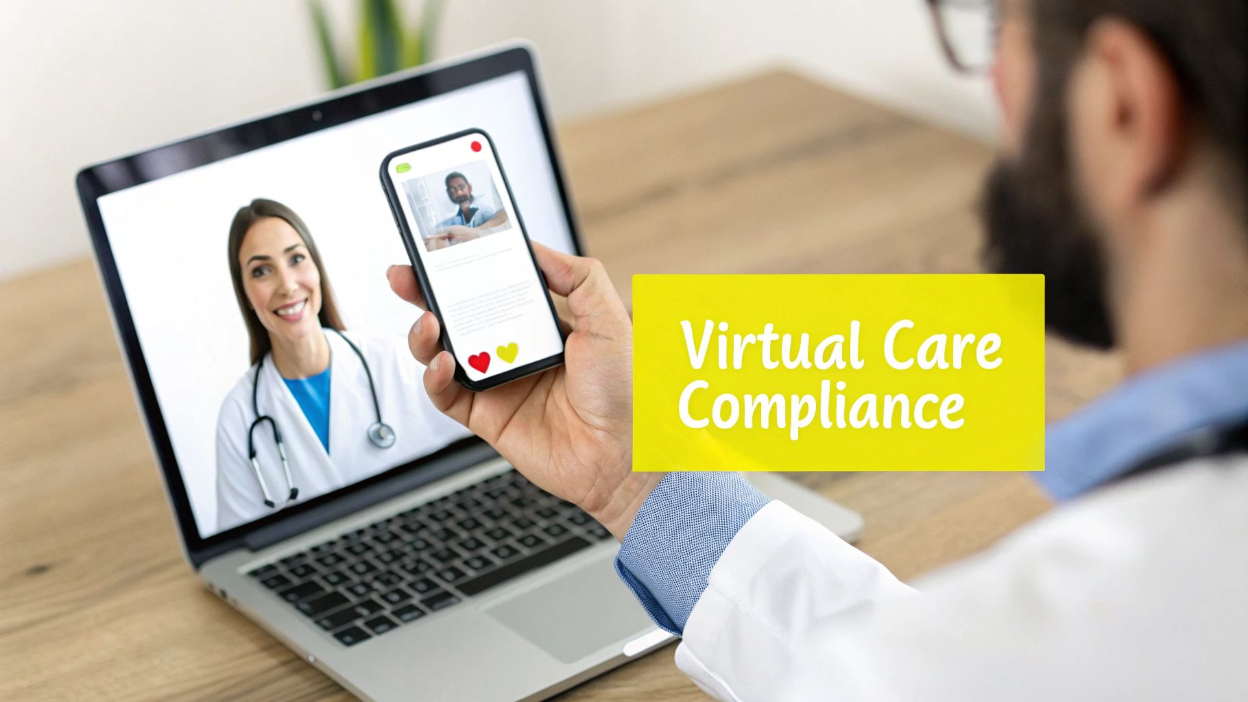 A doctor provides a virtual consultation on a laptop