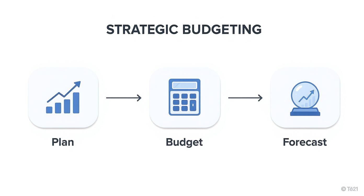 An infographic showing the process flow of strategic budgeting, with steps for Plan, Budget, and Forecast.