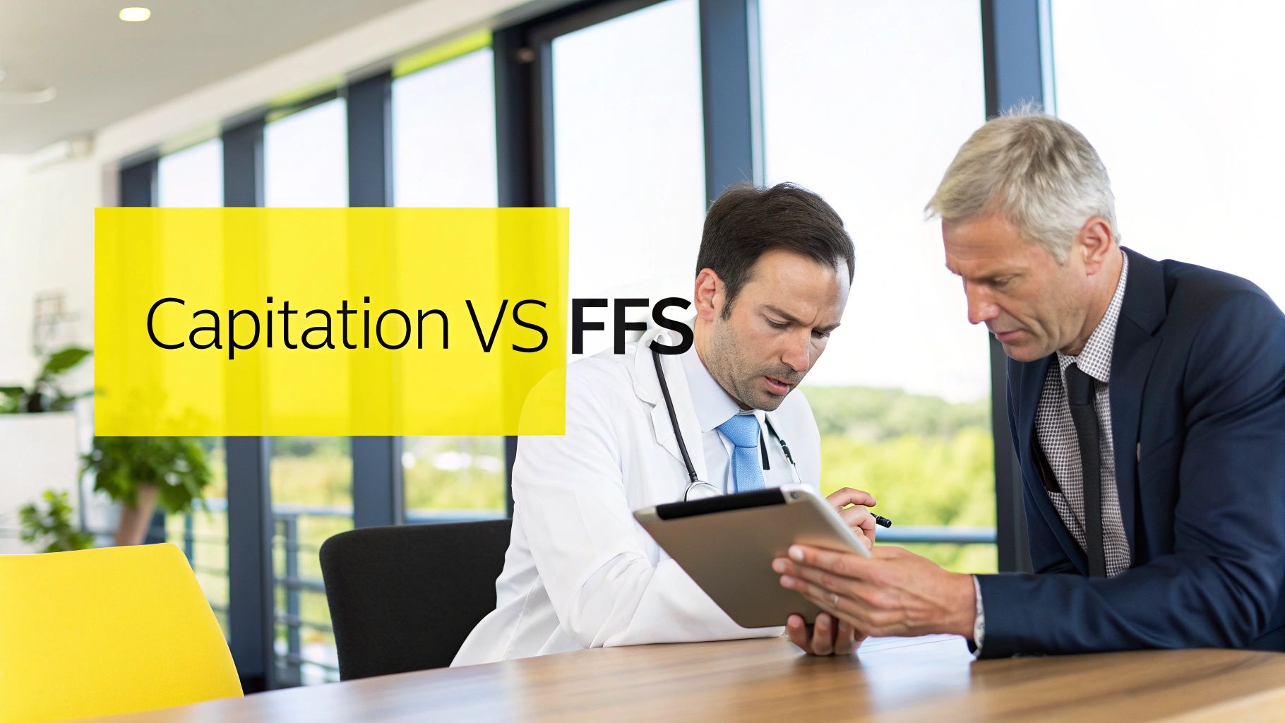 A doctor and a patient reviewing medical documents on a tablet