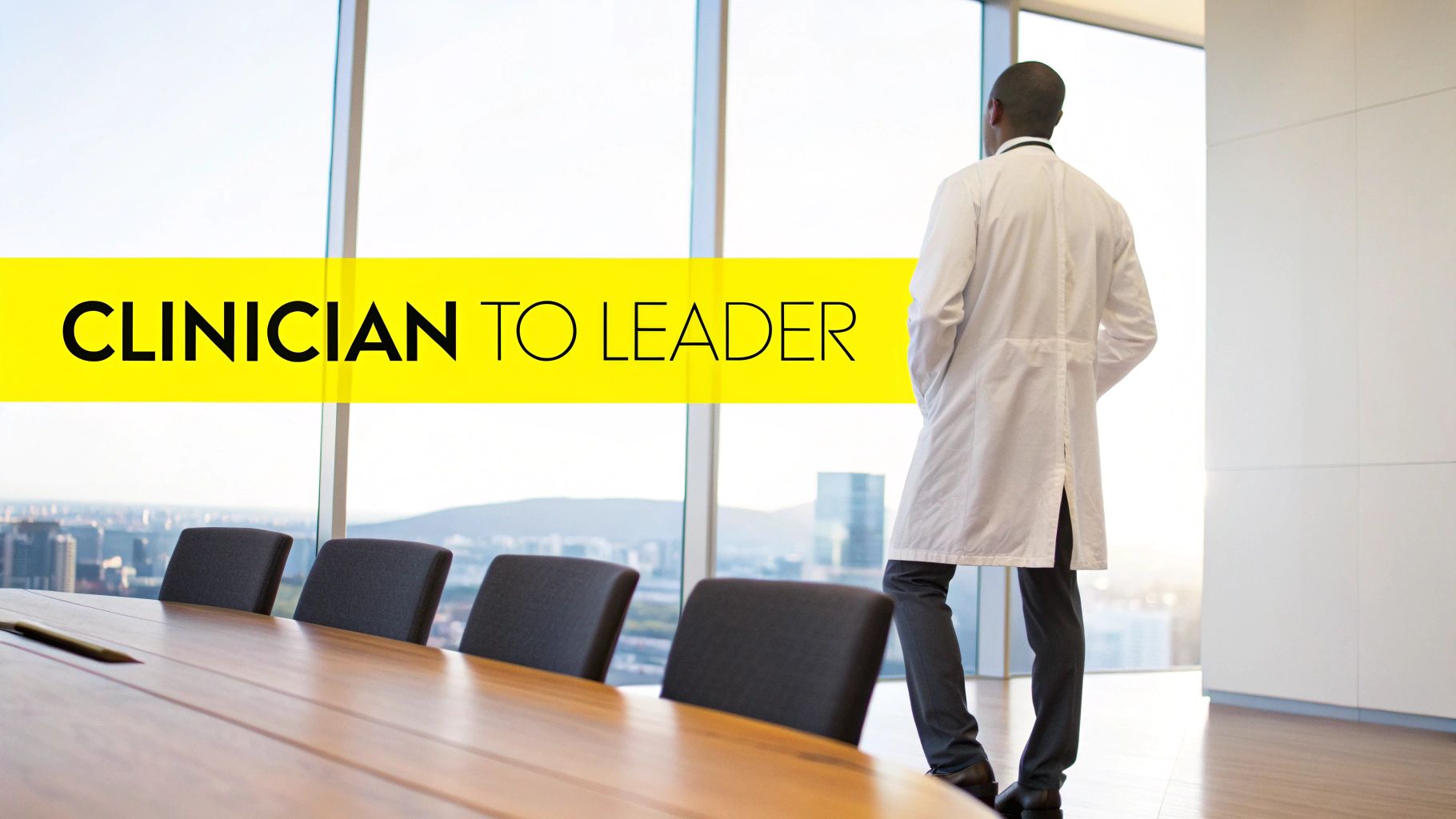 A doctor in a white coat stands with back to viewer, looking at city skyline from an office. Text reads 'CLINICIAN TO LEADER'.