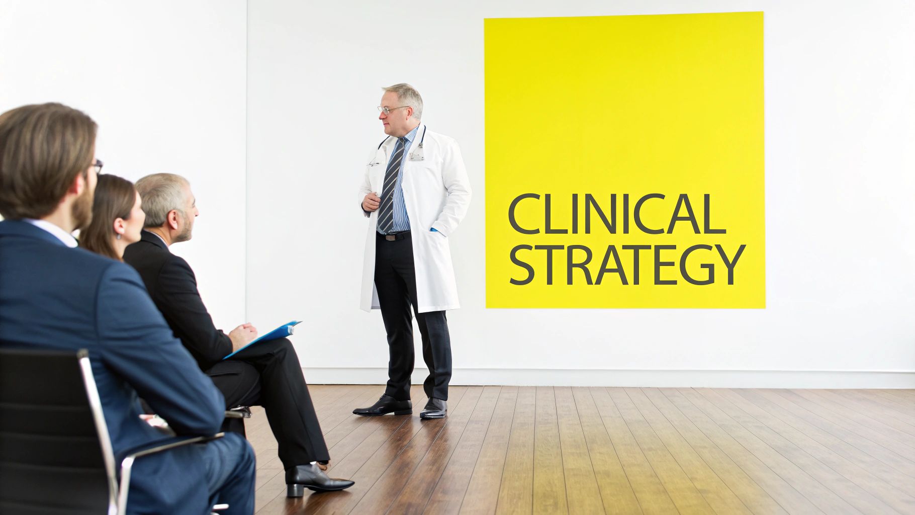 A healthcare executive presenting strategic data in a modern office setting, representing the evolved CMO role.