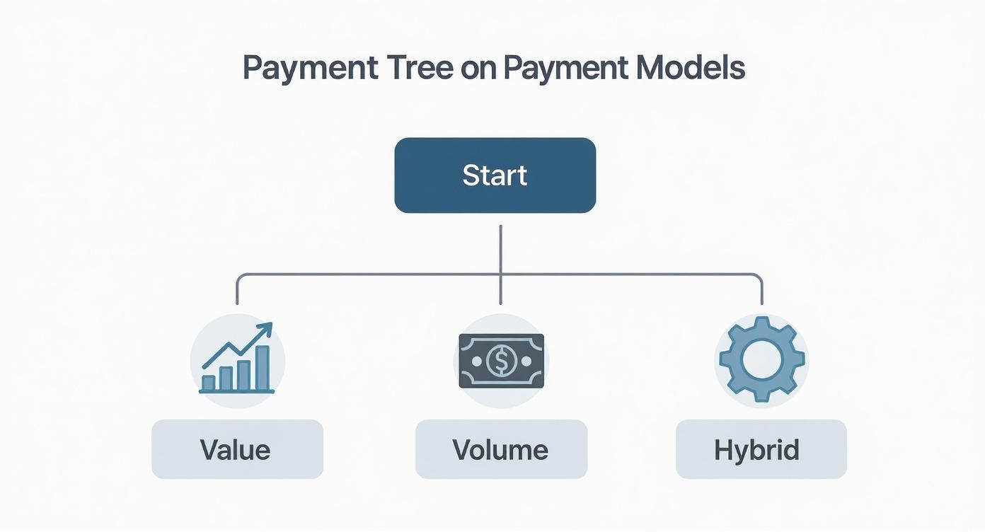 Infographic decision tree showing paths for choosing a payment model based on a focus on value, volume, or a hybrid approach.