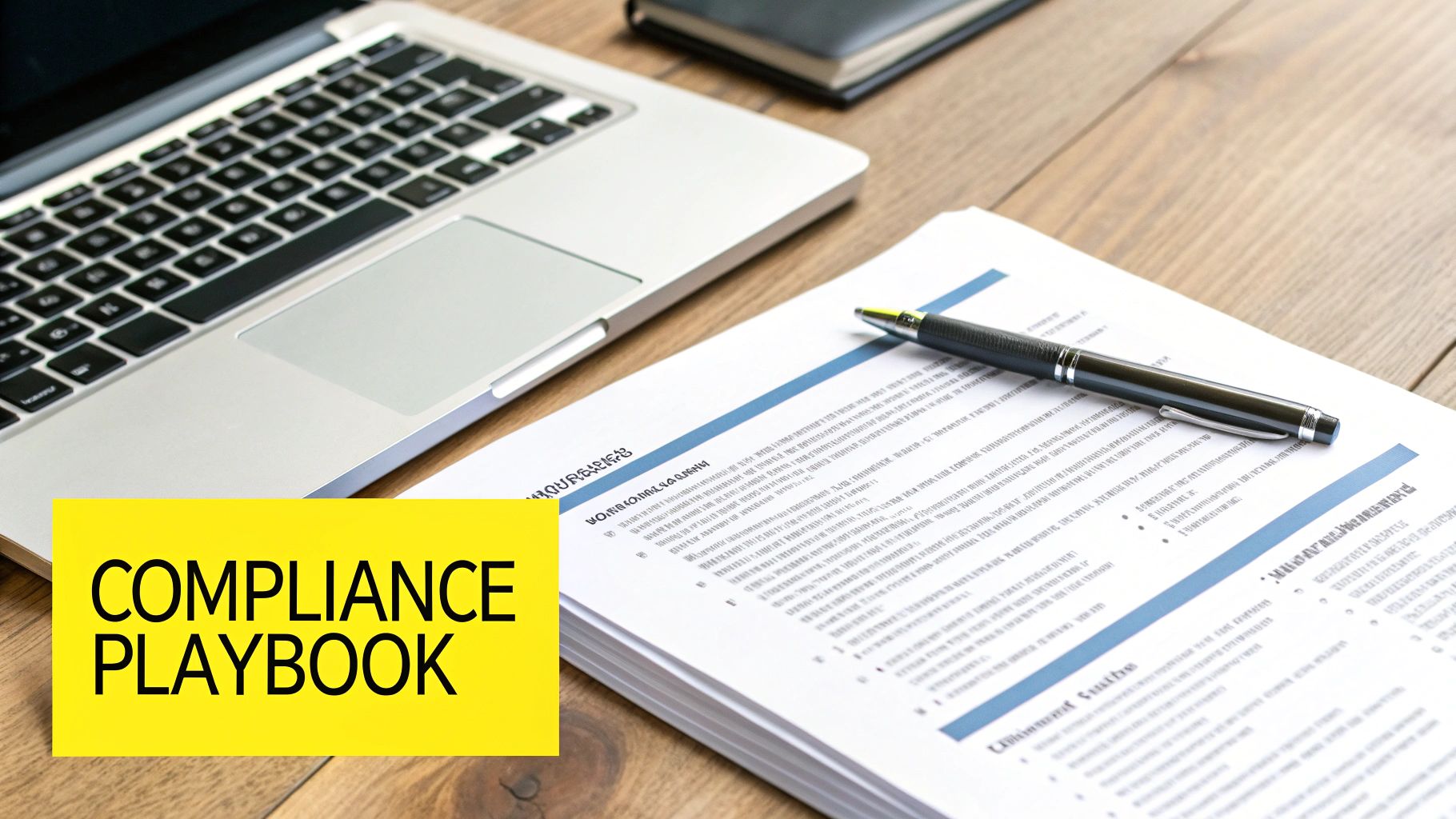 A 'COMPLIANCE PLAYBOOK' sign with a laptop, documents, and a pen on a wooden desk.