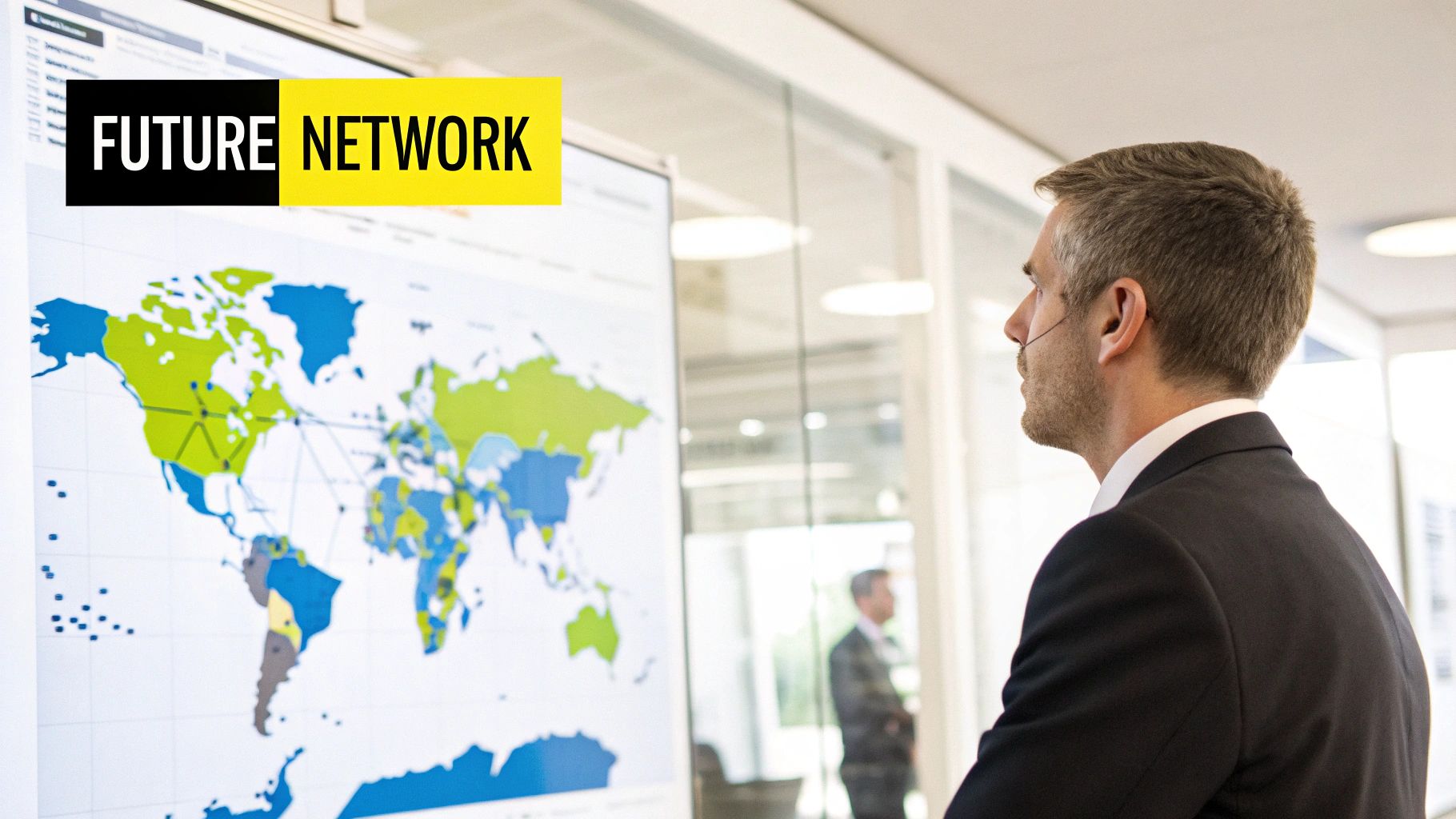 A professional man in a suit observes a digital world map displaying a global network and the text 'FUTURE NETWORK'.