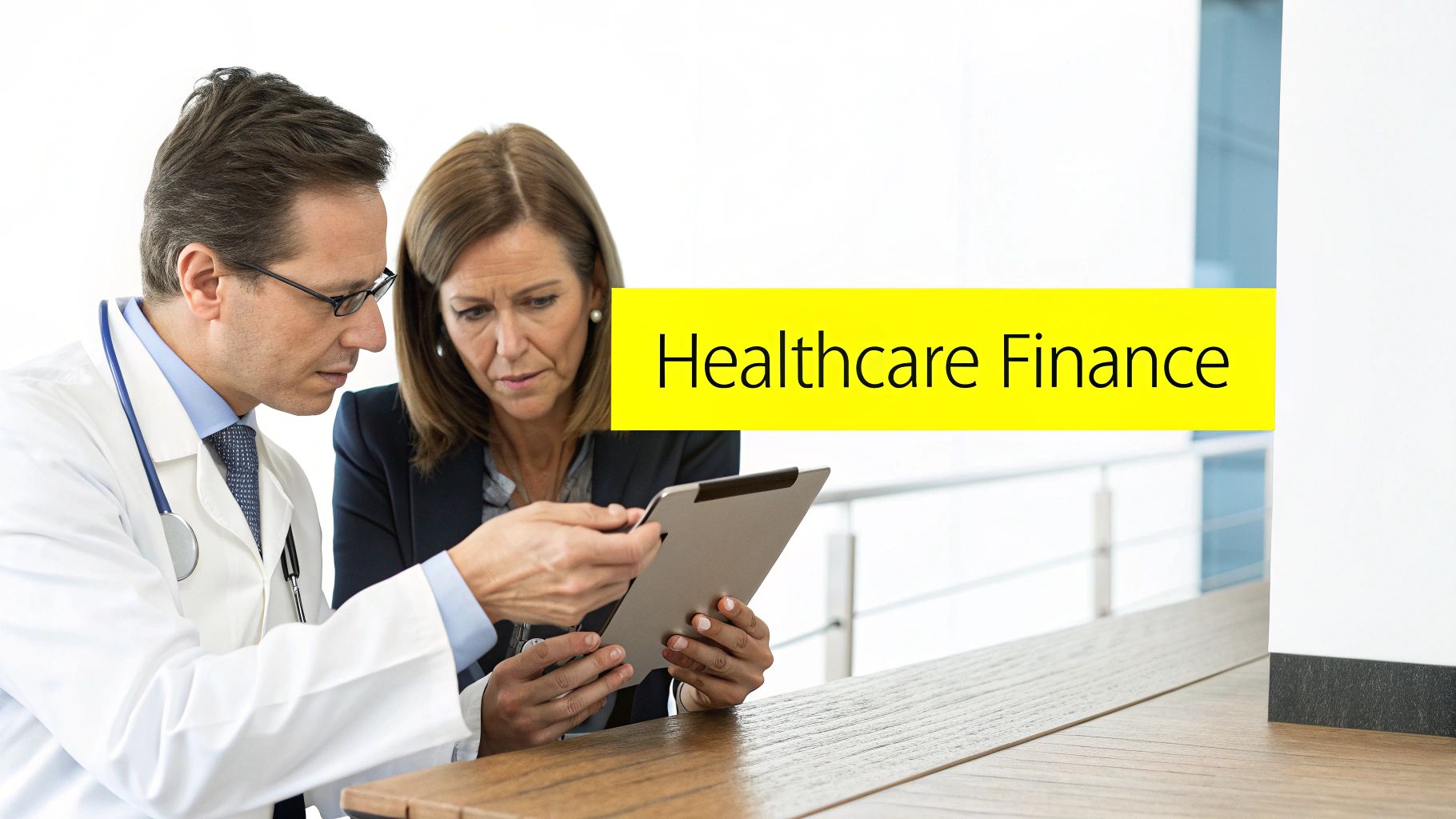 A group of healthcare executives reviewing financial charts and data on a large screen in a boardroom.