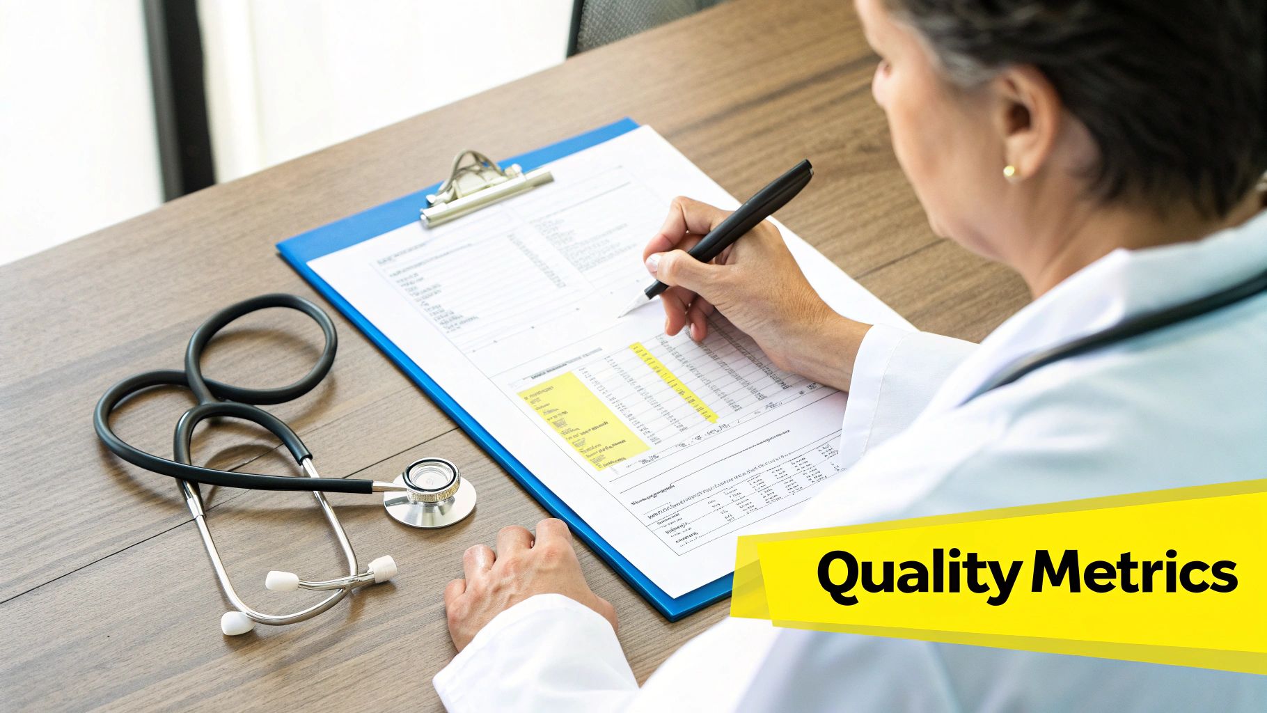 A medical professional reviews documents on a clipboard, writing, with a stethoscope and 'Quality Metrics' text overlay.