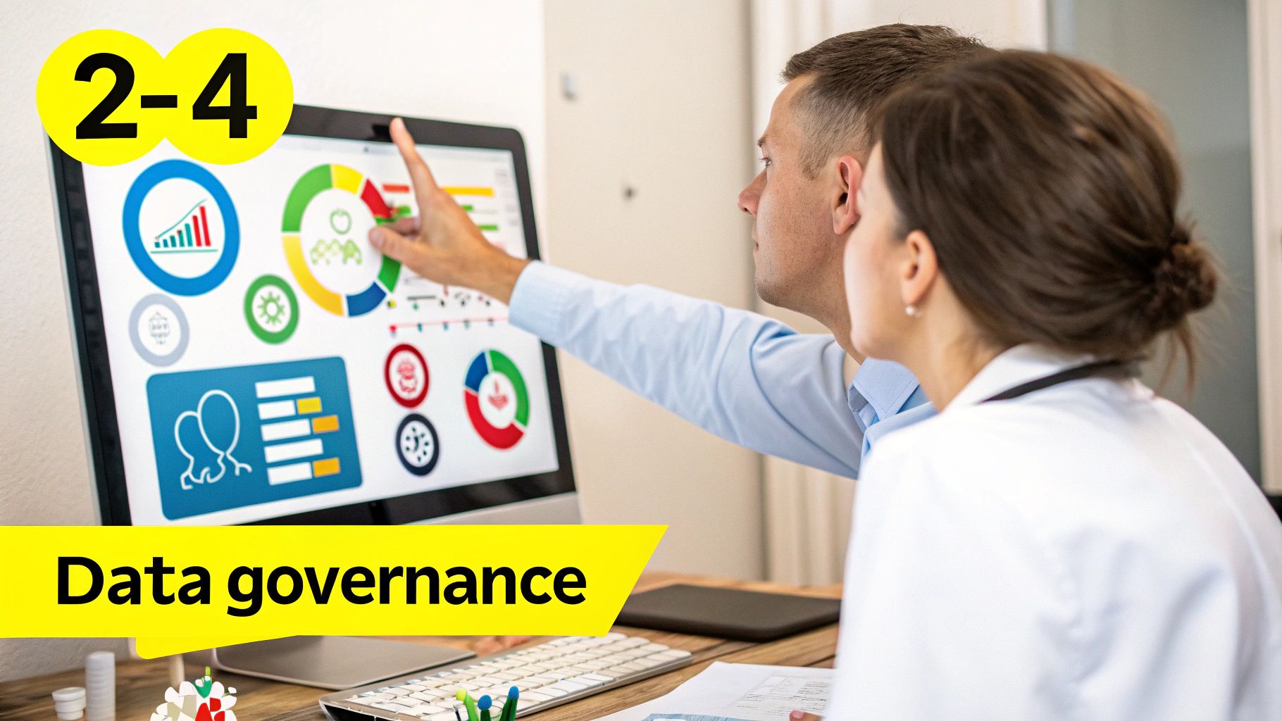 Two professionals analyze data dashboards on a computer screen, discussing data governance strategies.