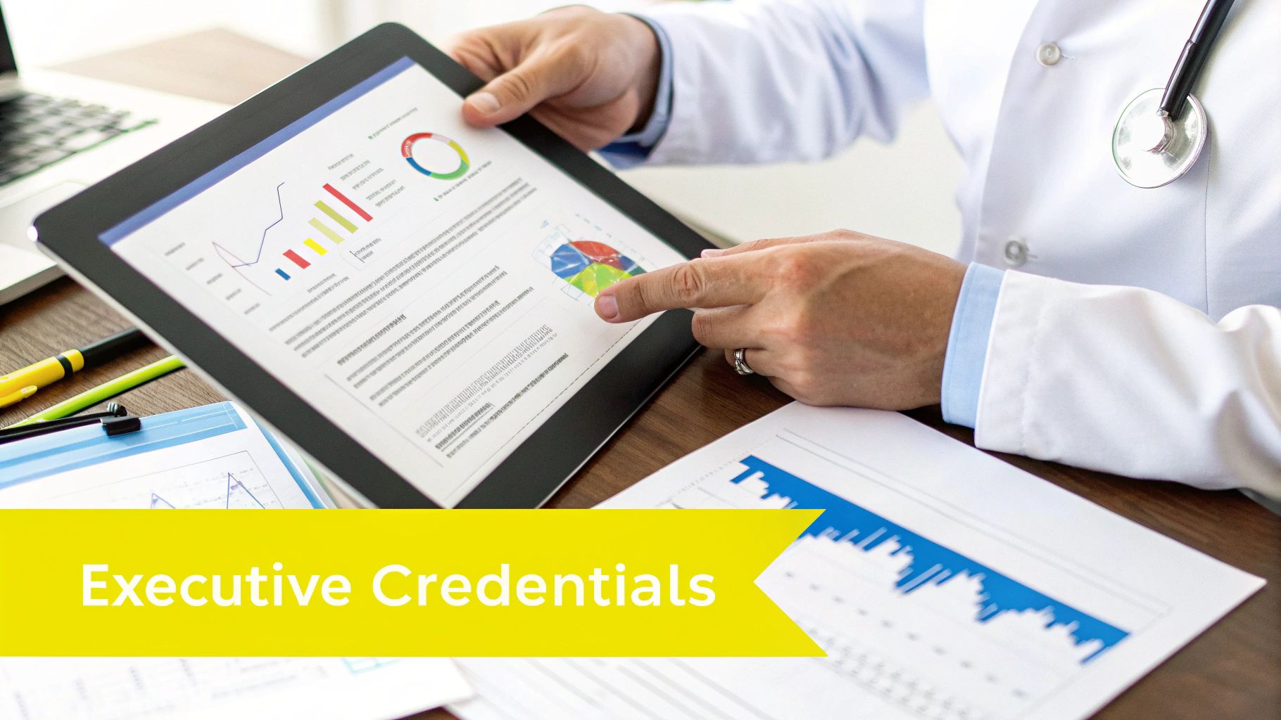 A doctor in a lab coat reviews medical data and charts on a tablet, pointing at a pie chart.