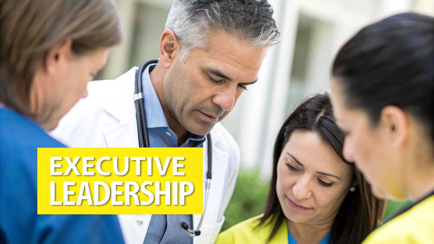 A diverse team of healthcare executives collaborating around a conference table, symbolizing leadership.