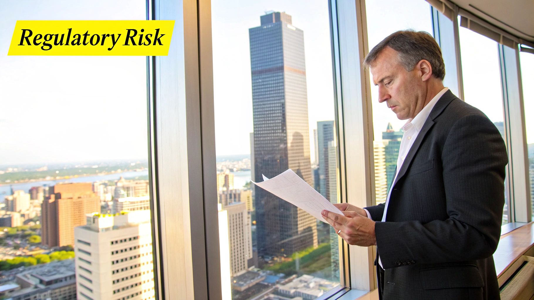 Executives in a meeting looking concerned while reviewing complex regulatory documents.