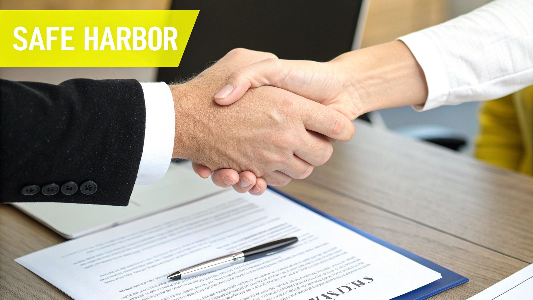 Two business people shaking hands over a legal document, symbolizing an agreement under a 'SAFE HARBOR' banner.