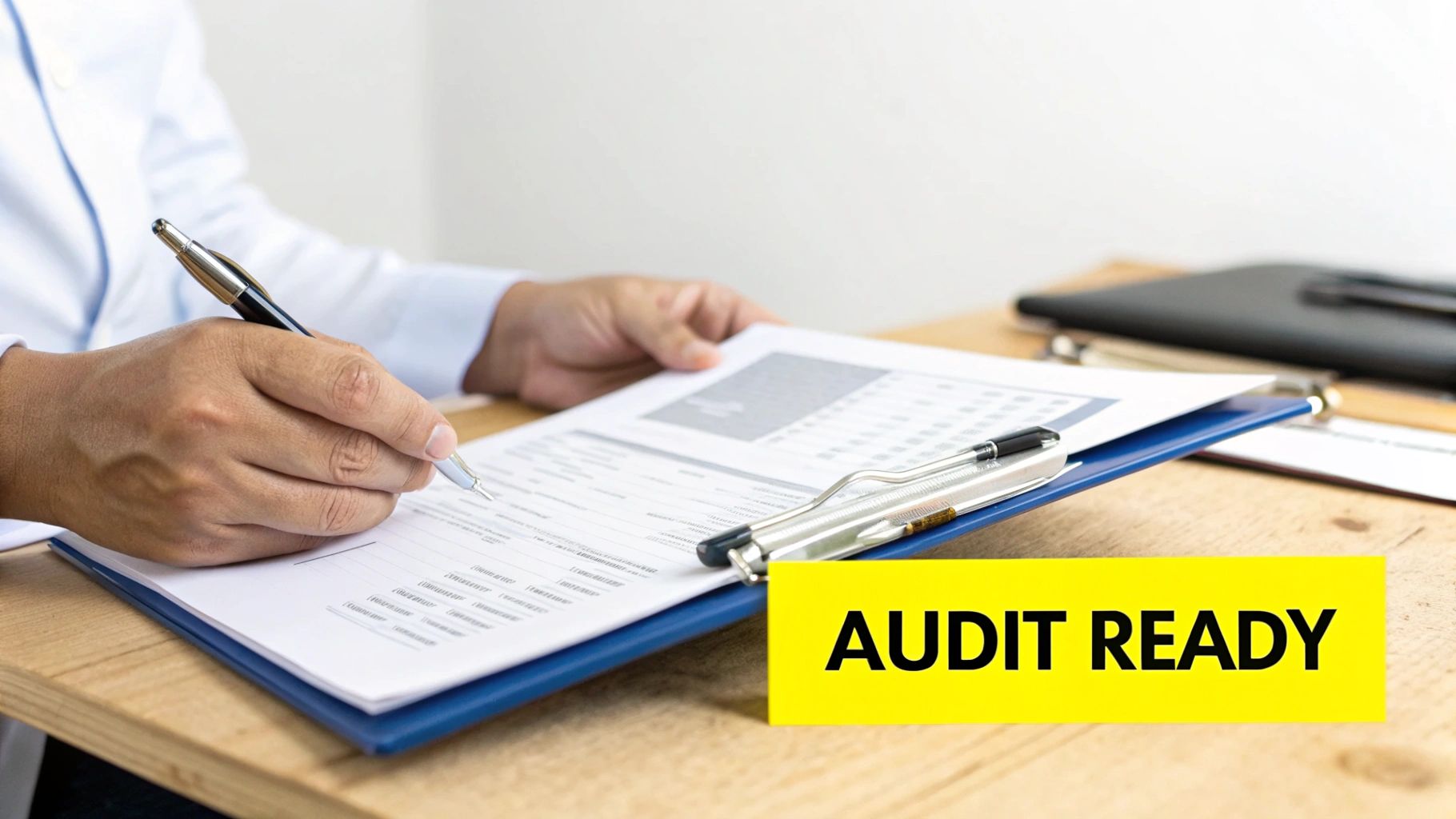 A magnifying glass hovering over a medical document, symbolizing the scrutiny of audits and the importance of compliance.