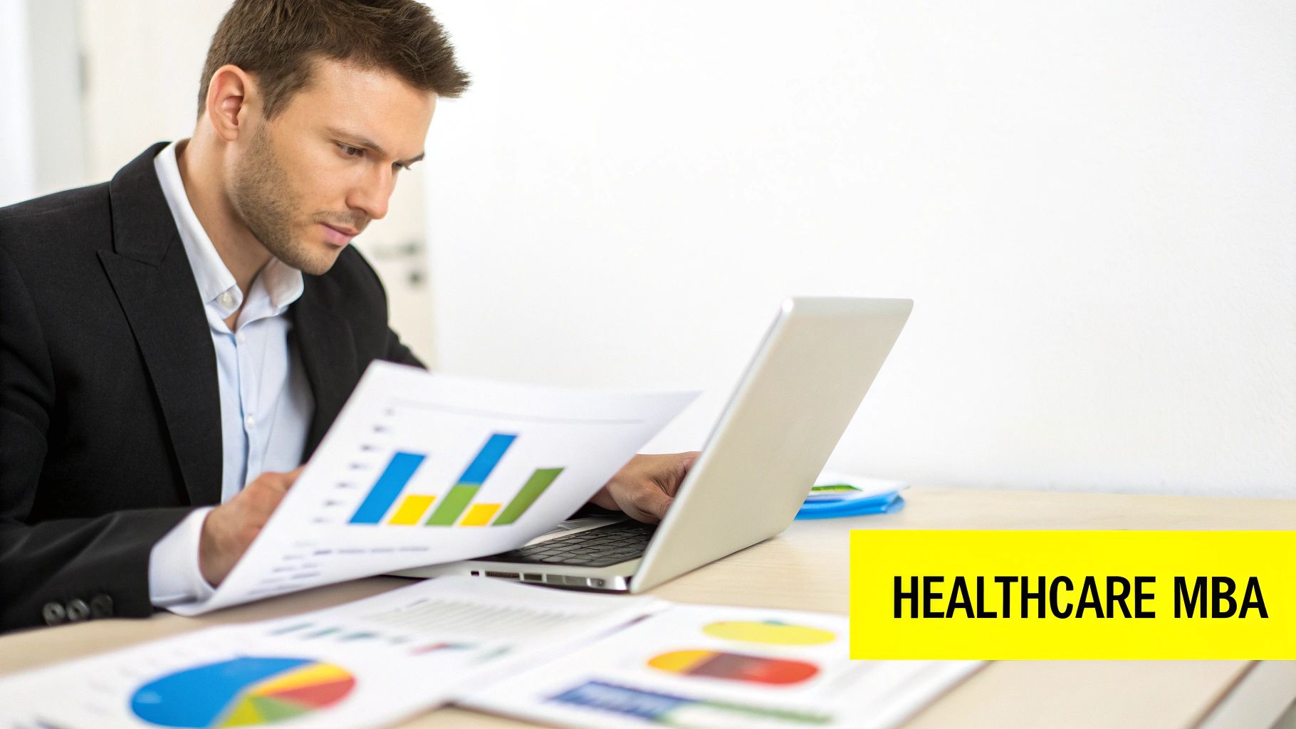 A focused businessman in an office analyzes healthcare data on charts and a laptop, promoting an MBA.