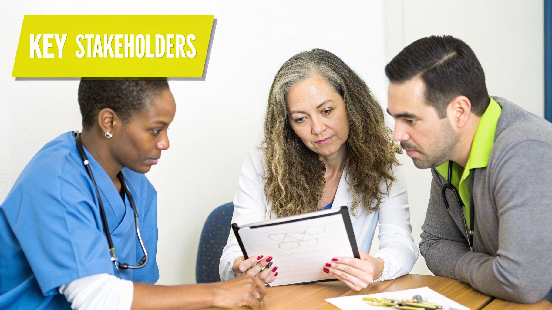 Several professionals in a meeting room, representing the different stakeholders in utilization management operations discussing strategy.