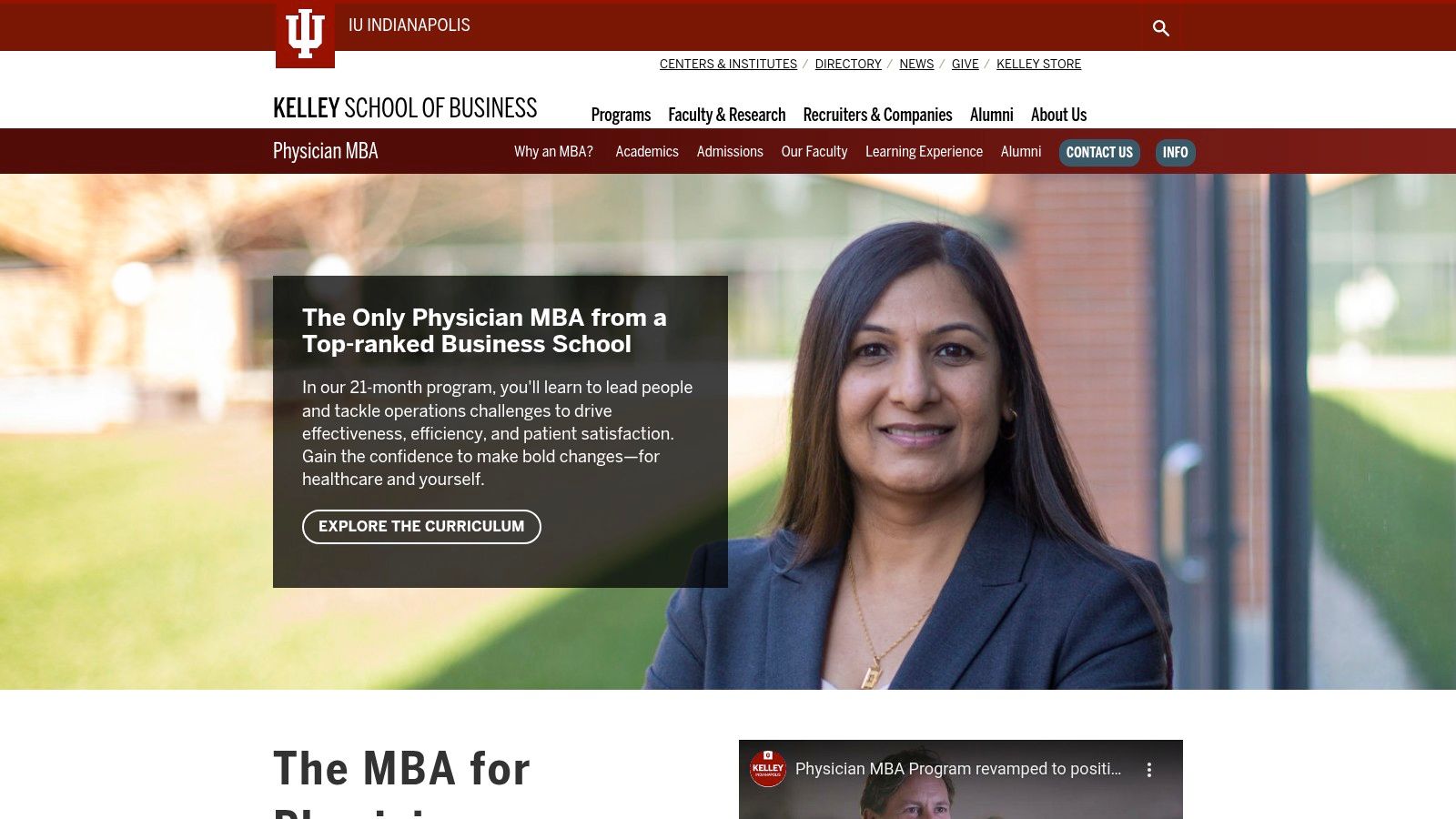 Indiana University — Kelley School of Business (Indianapolis): Business of Medicine Physician MBA