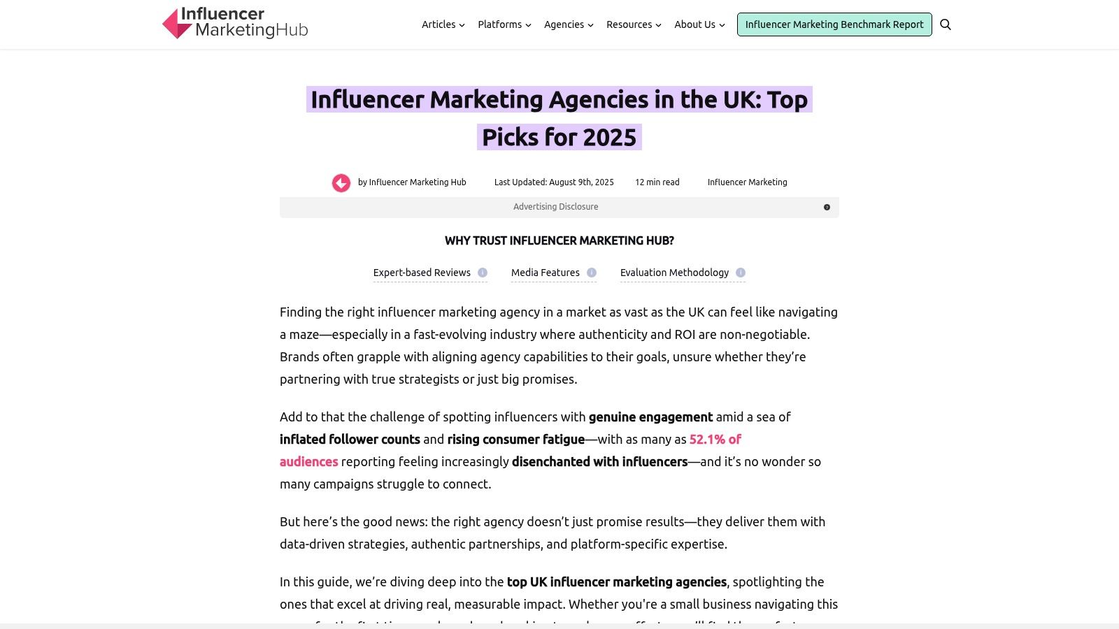 Influencer Marketing Hub's list of top UK influencer marketing agencies, showcasing agency names and descriptions.