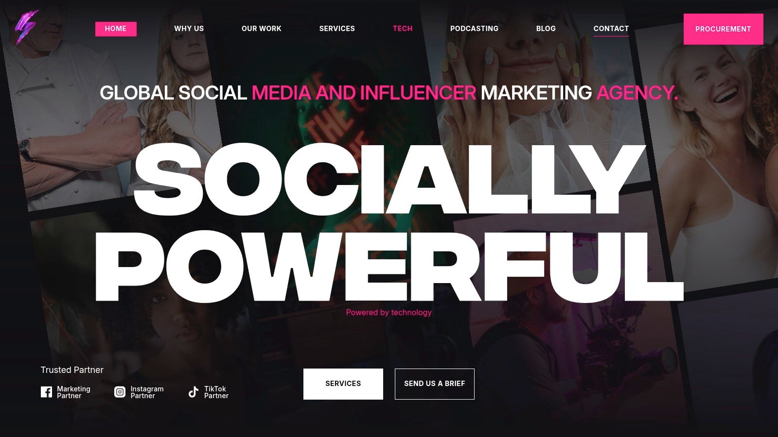 Socially Powerful's website homepage highlighting their global presence and client portfolio.