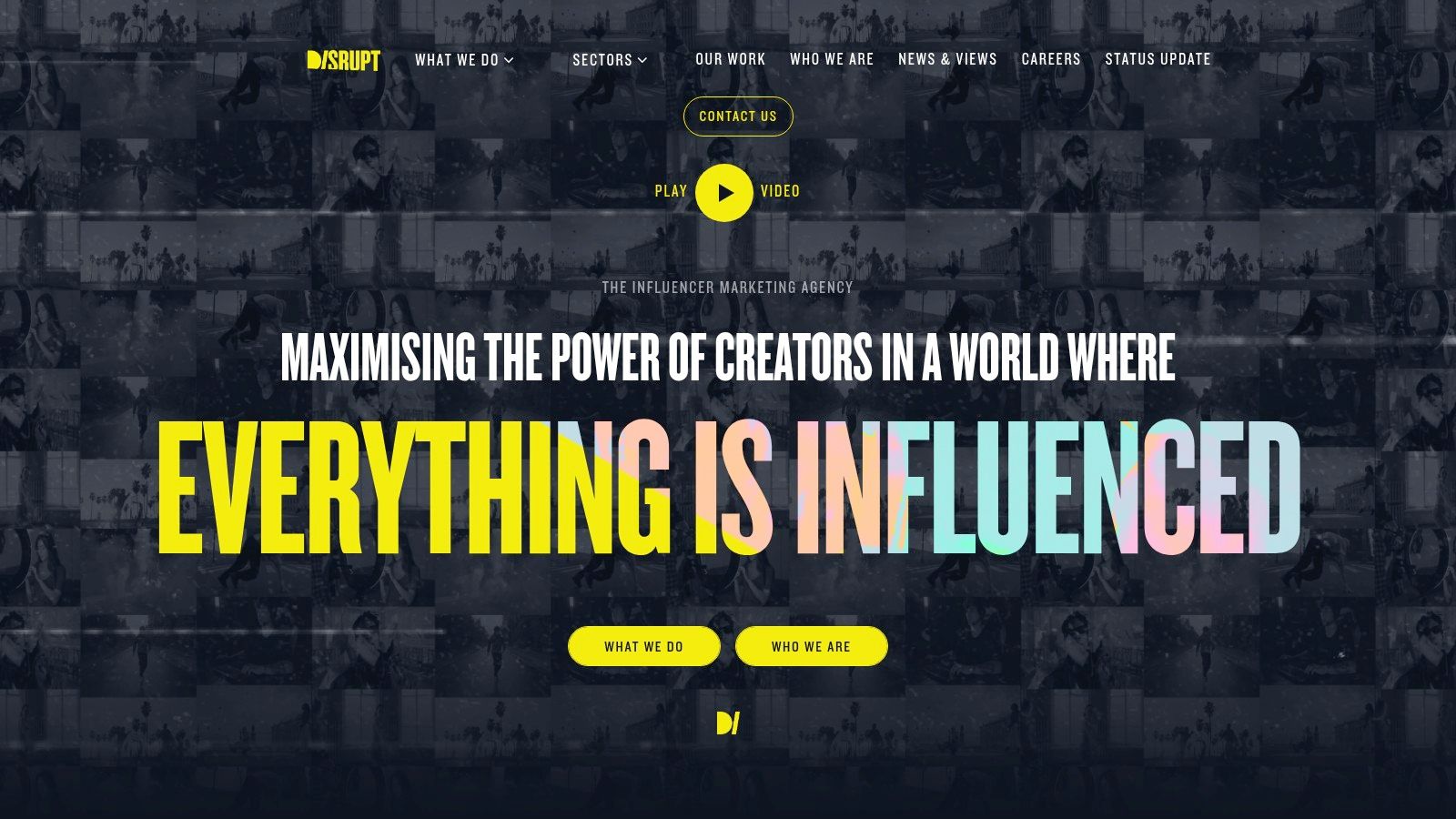 The Disrupt website homepage, showcasing their bold branding and focus on youth culture marketing.
