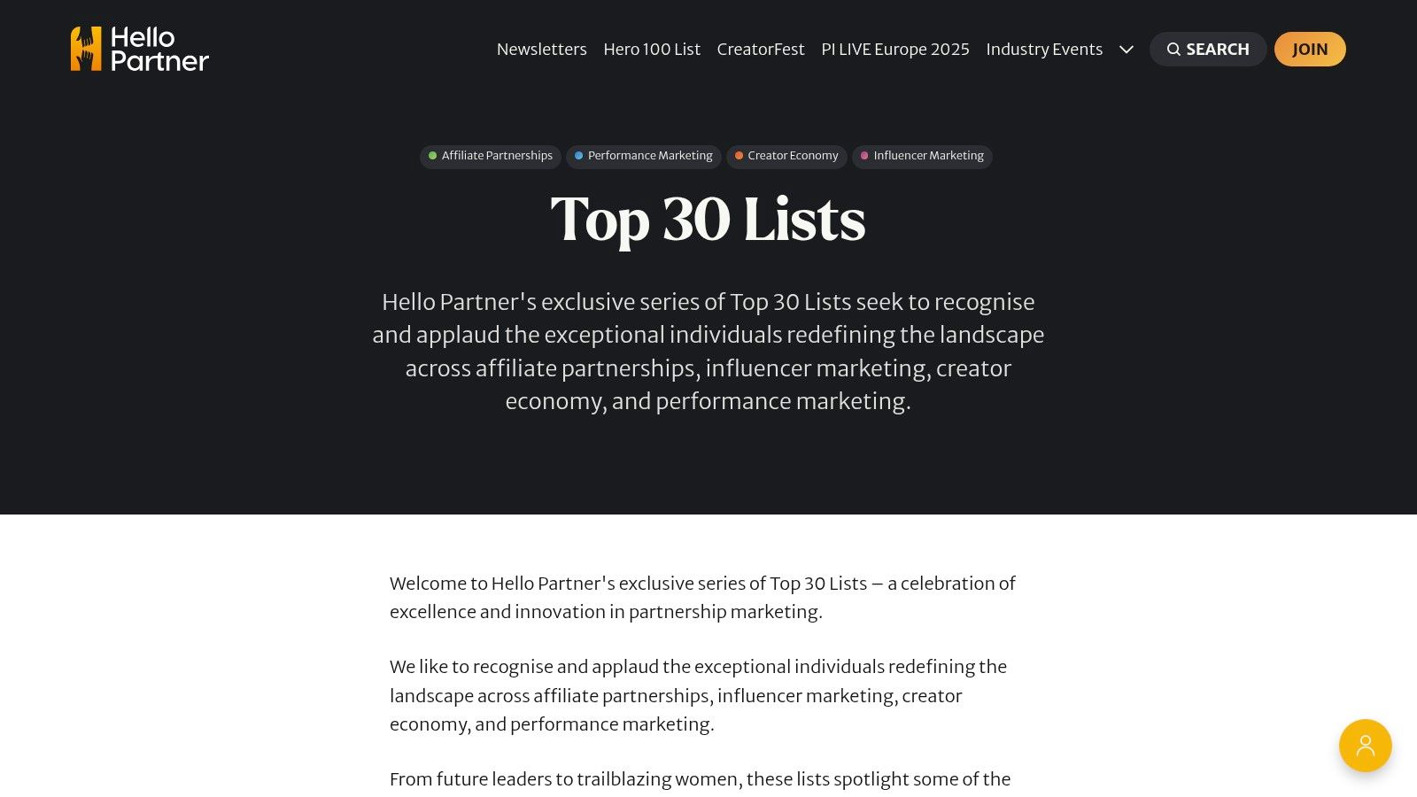 HelloPartner website interface showing a list of top influencer marketing agencies, including their logos and a brief description.