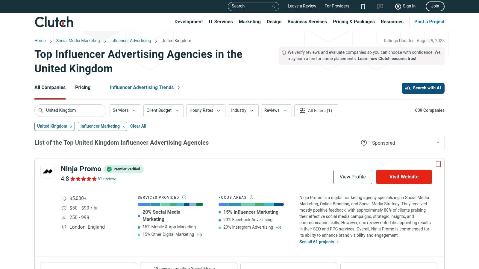 Clutch user interface showing a list of top influencer marketing companies in the United Kingdom, with filters and agency details.