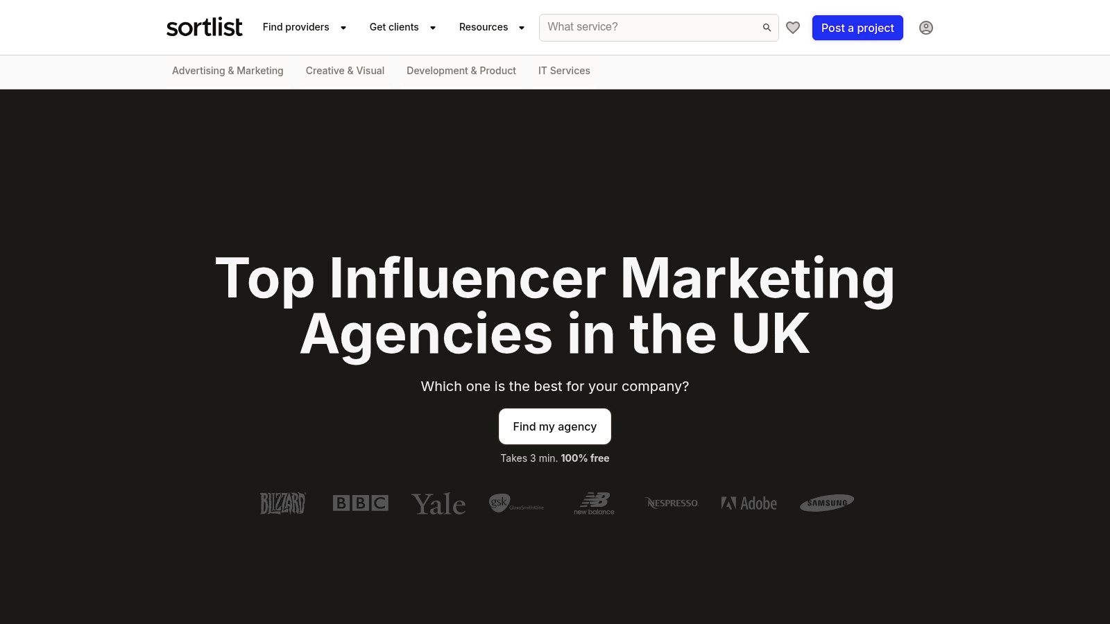 Sortlist UK user interface displaying a list of influencer marketing agencies with budget indicators and company details.