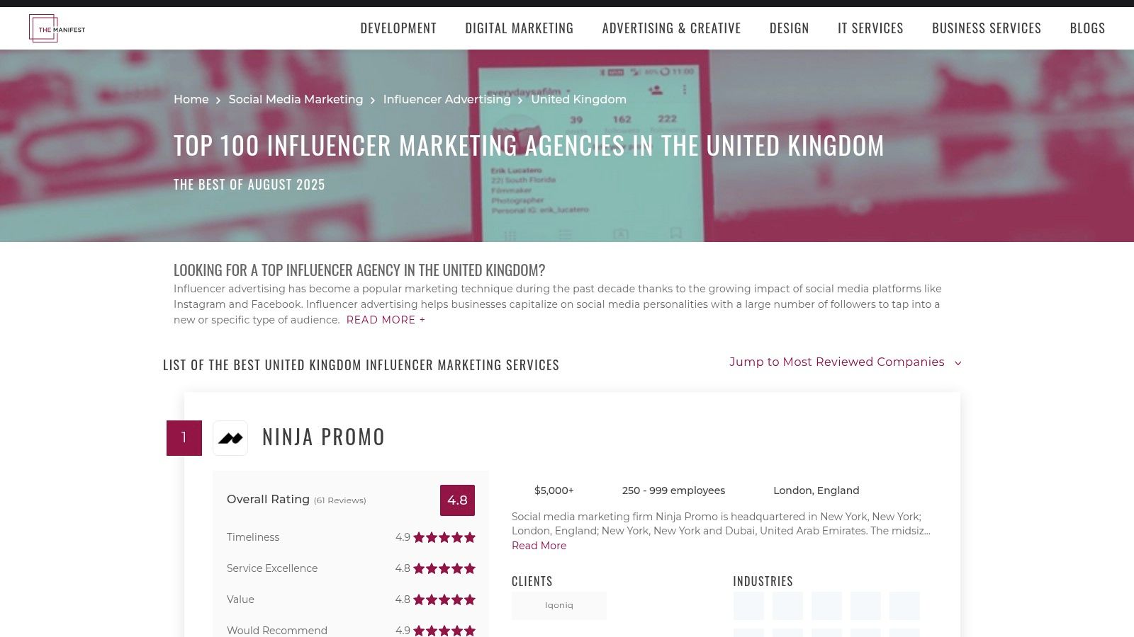 The Manifest user interface showing a list of top influencer marketing agencies in the UK with key details like reviews, budget, and location.