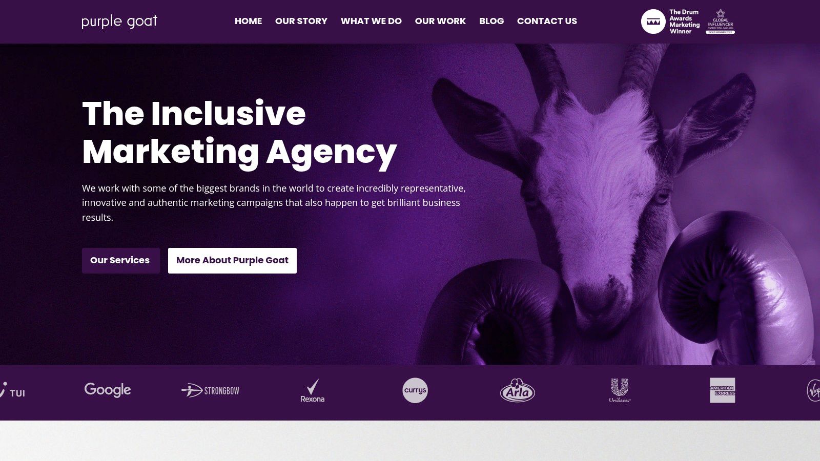 Purple Goat's website homepage highlighting their focus on inclusive and diverse influencer marketing.
