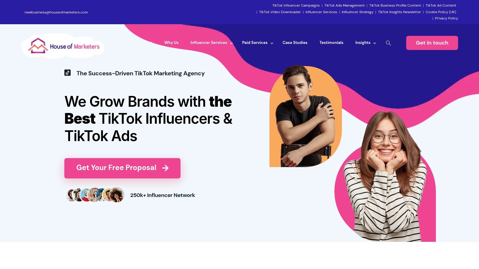House of Marketers website showcasing its TikTok-centric services and client results.