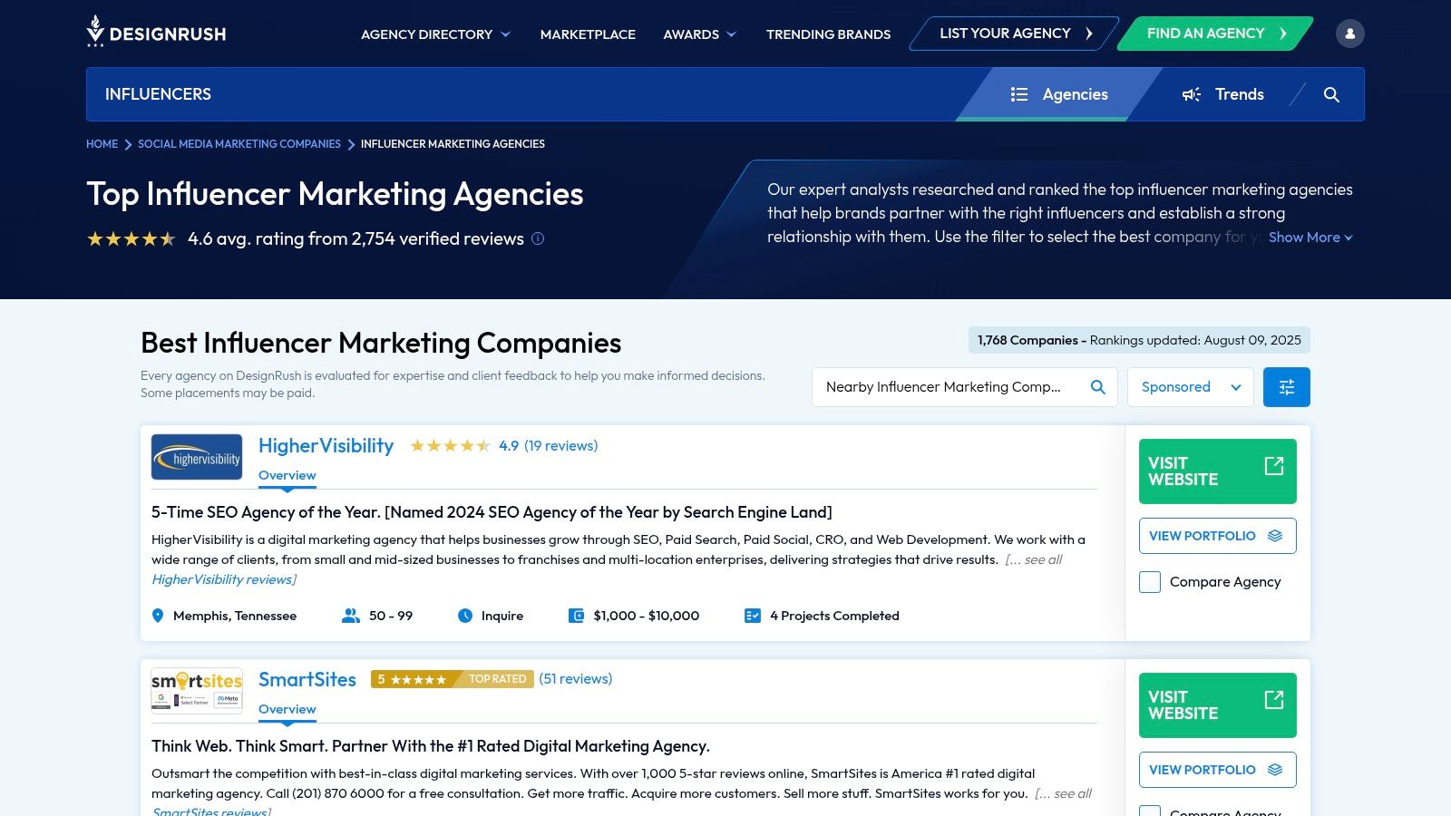 DesignRush user interface showing a list of top influencer marketing companies, with filters for location, budget, and services.