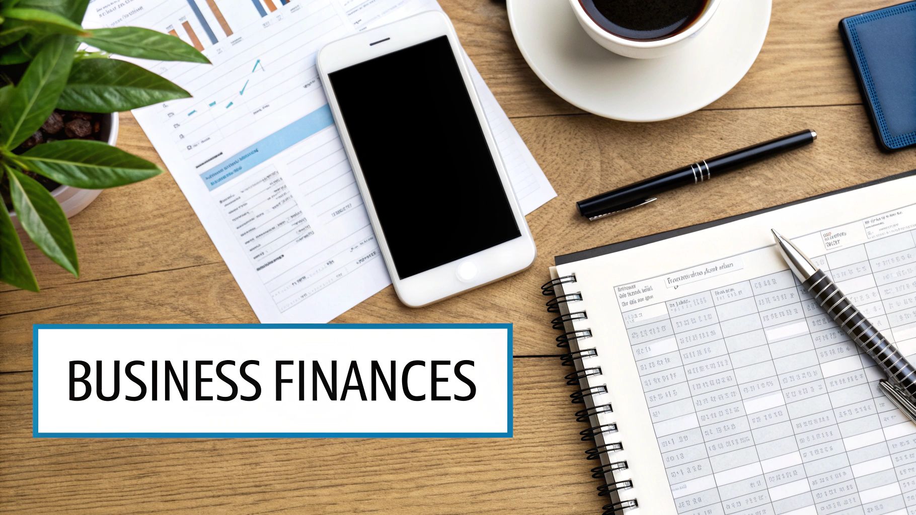 Flat lay of a desk with financial documents, smartphone, coffee, and notebook for business management.