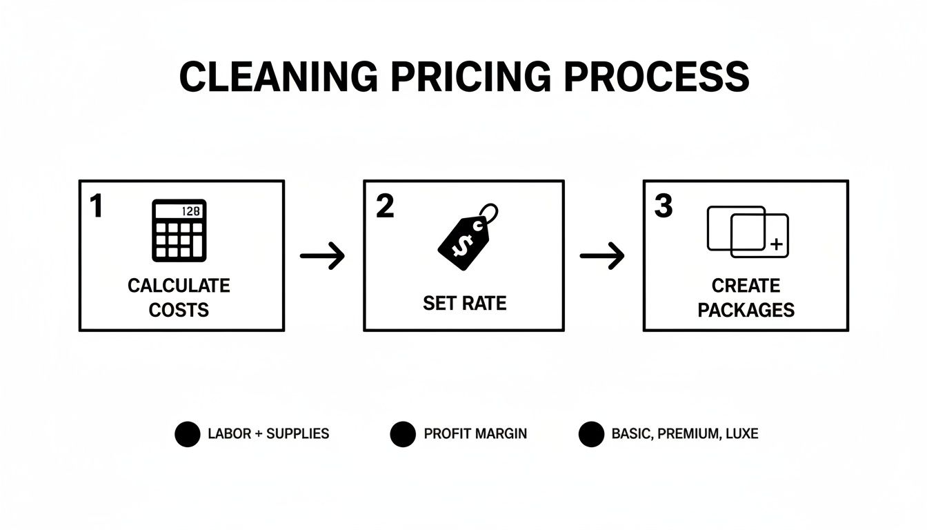 A diagram illustrates the three-step cleaning pricing process: calculate costs, set rate, and create packages.