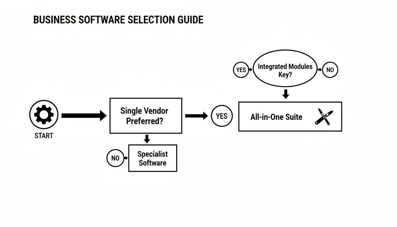 A flowchart titled 'Business Software Selection Guide' helps choose between specialist software or an all-in-one suite.