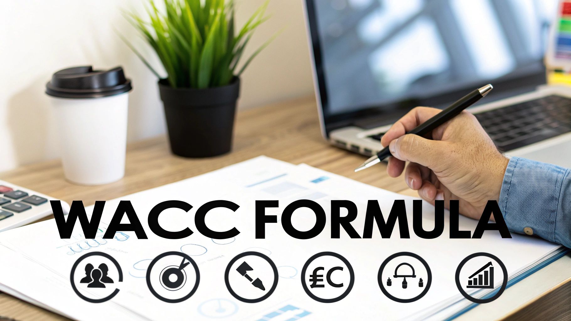 A hand writes on a document displaying 'WACC FORMULA' and various business-related icons.