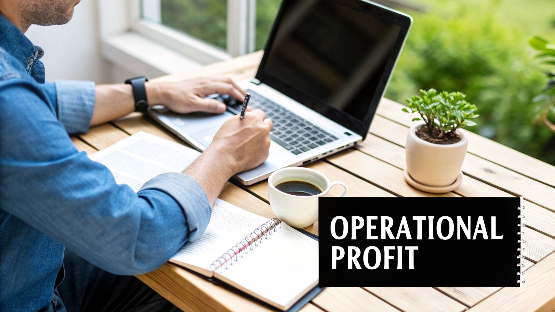 A person works on a laptop and writes in a notebook, with coffee and a plant, featuring "OPERATIONAL PROFIT" text.