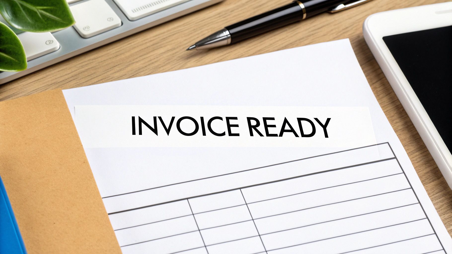 A document labeled 'INVOICE READY' on a wooden desk with a pen, keyboard, and smartphone.
