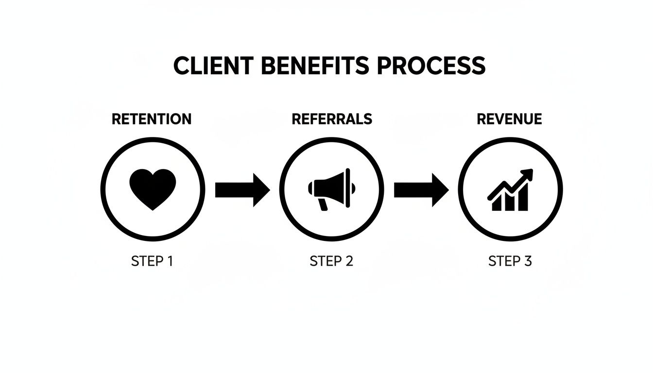 Diagram showing the client benefits process: retention (heart), referrals (megaphone), and revenue (growth chart) steps.