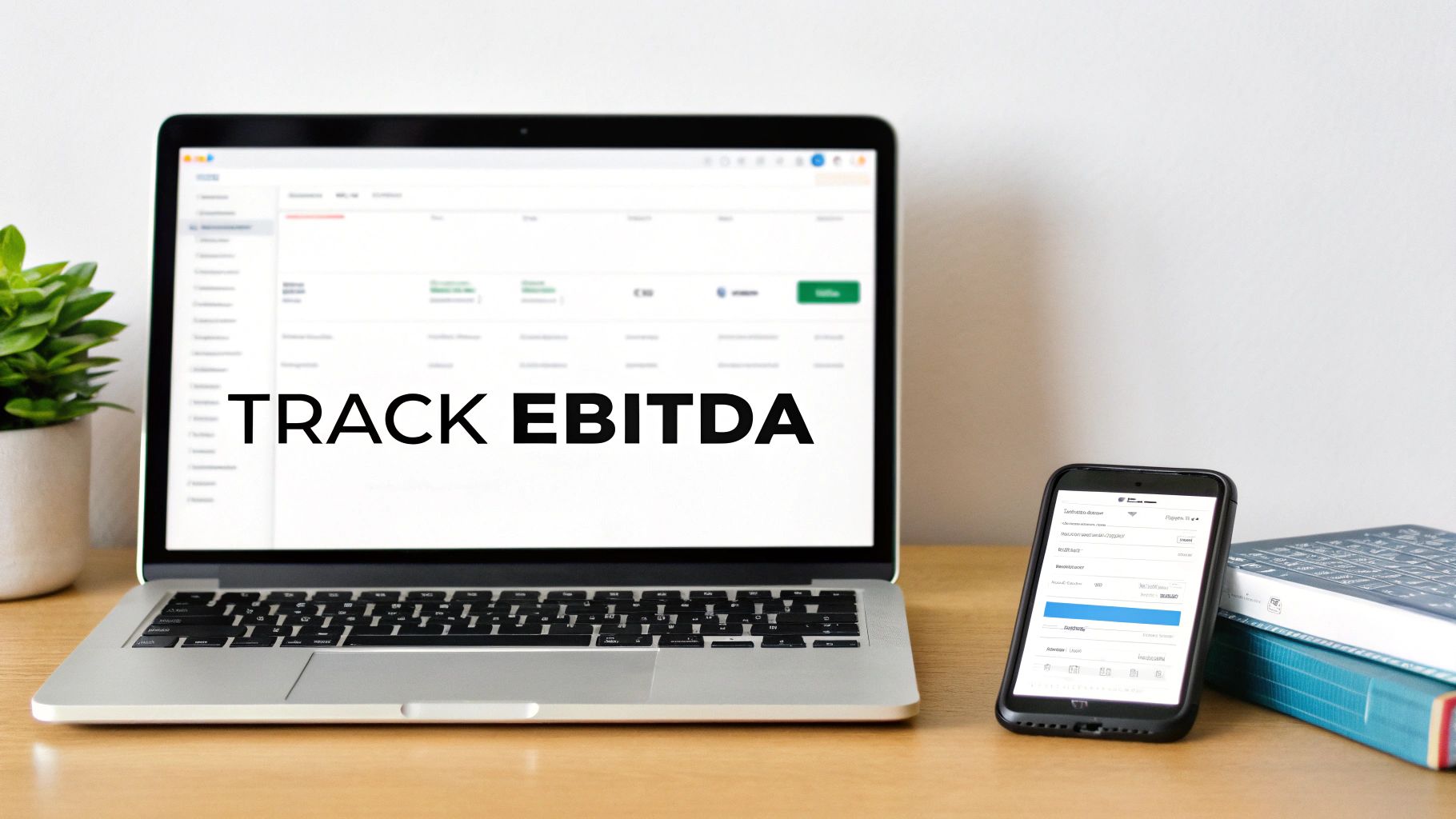 Laptop displaying 'TRACK EBITDA' on screen next to a smartphone, plant, and books.