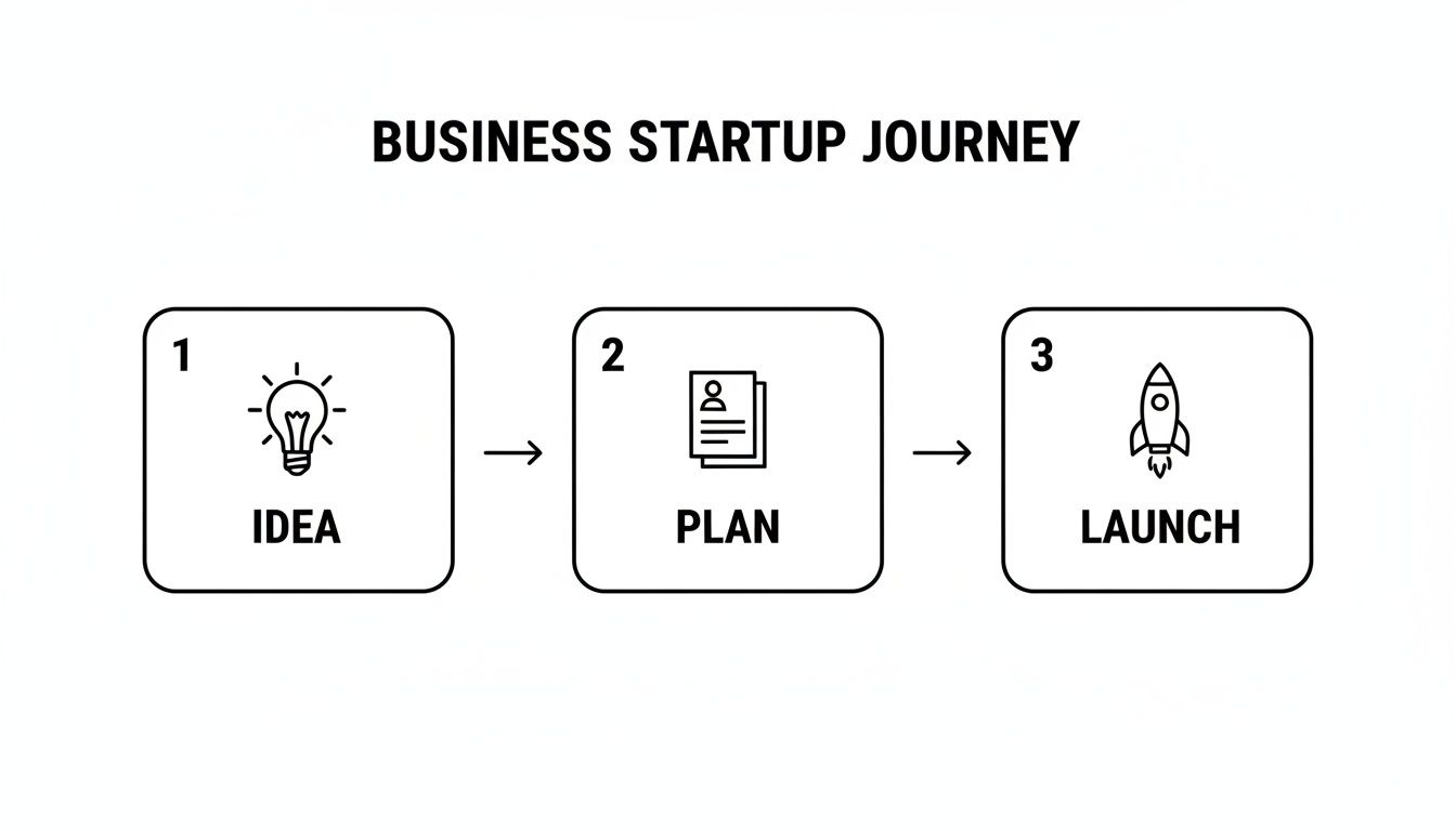 An infographic illustrating the three-step business startup journey: Idea (lightbulb), Plan (documents), and Launch (rocket).
