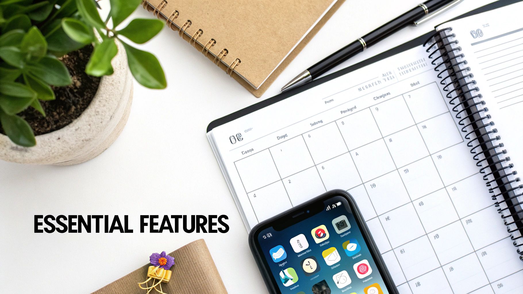 Flat lay of a business desk with a smartphone, calendar, notebooks, pen, and plant, highlighting essential features.
