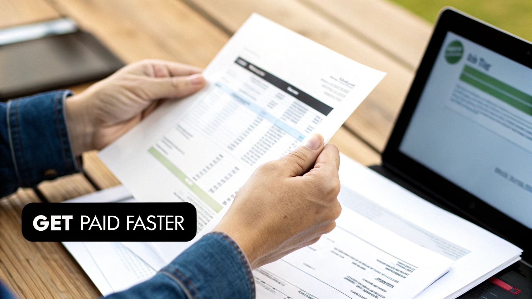 Person reviewing a paper invoice next to a laptop, emphasizing getting paid faster for business.