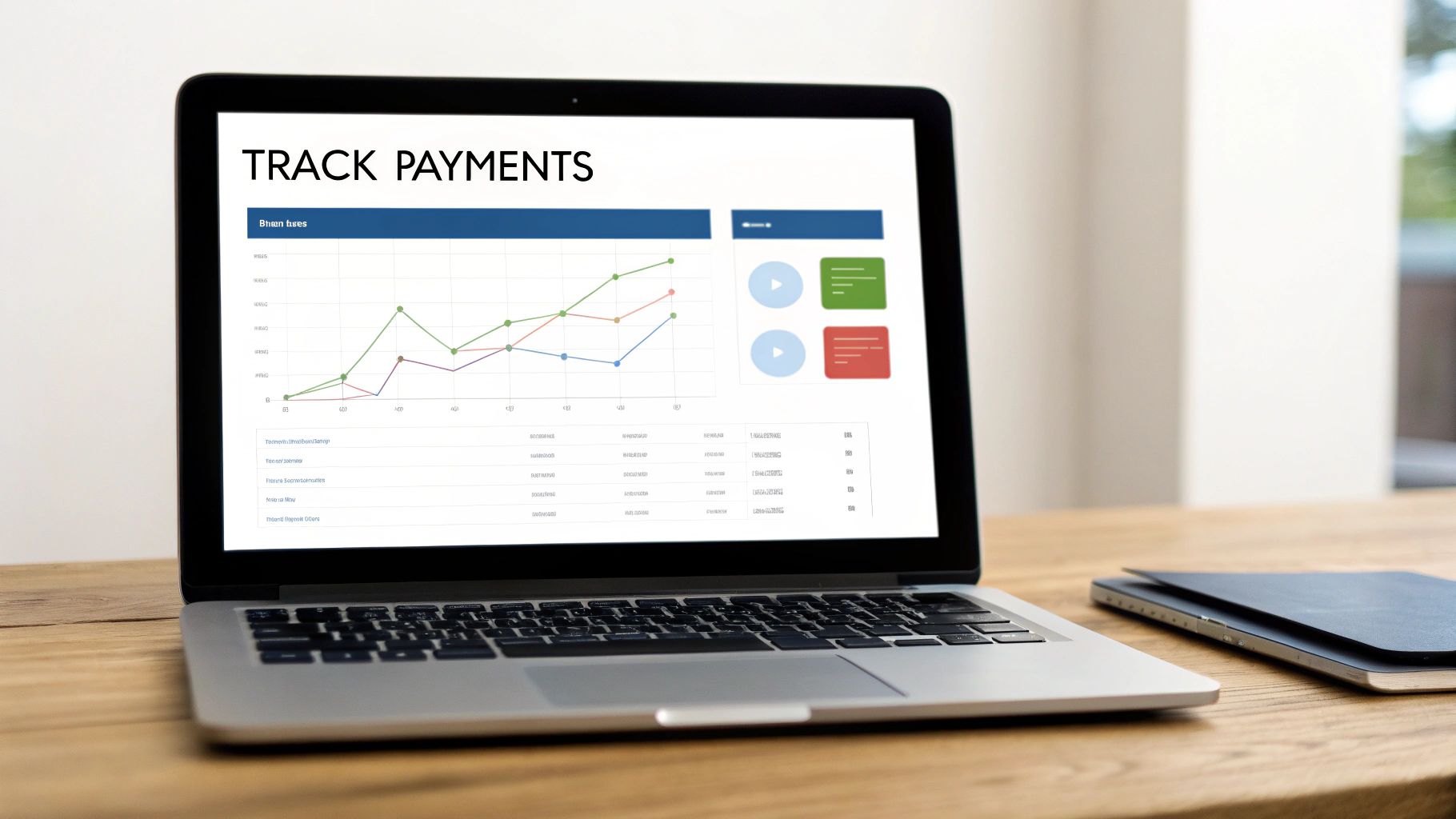 A laptop on a wooden desk displaying a financial tracking dashboard titled 'TRACK PAYMENTS'.