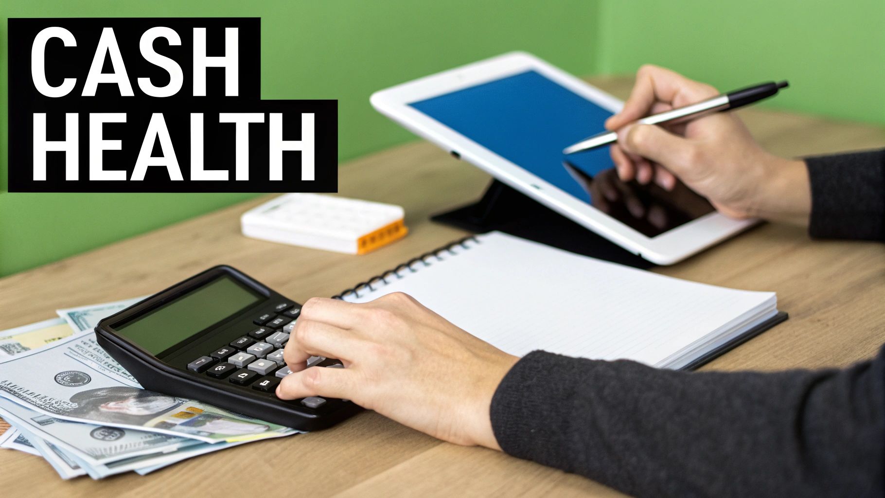 A person calculates finances using a calculator, tablet, and cash on a wooden desk with 'CASH HEALTH' text.