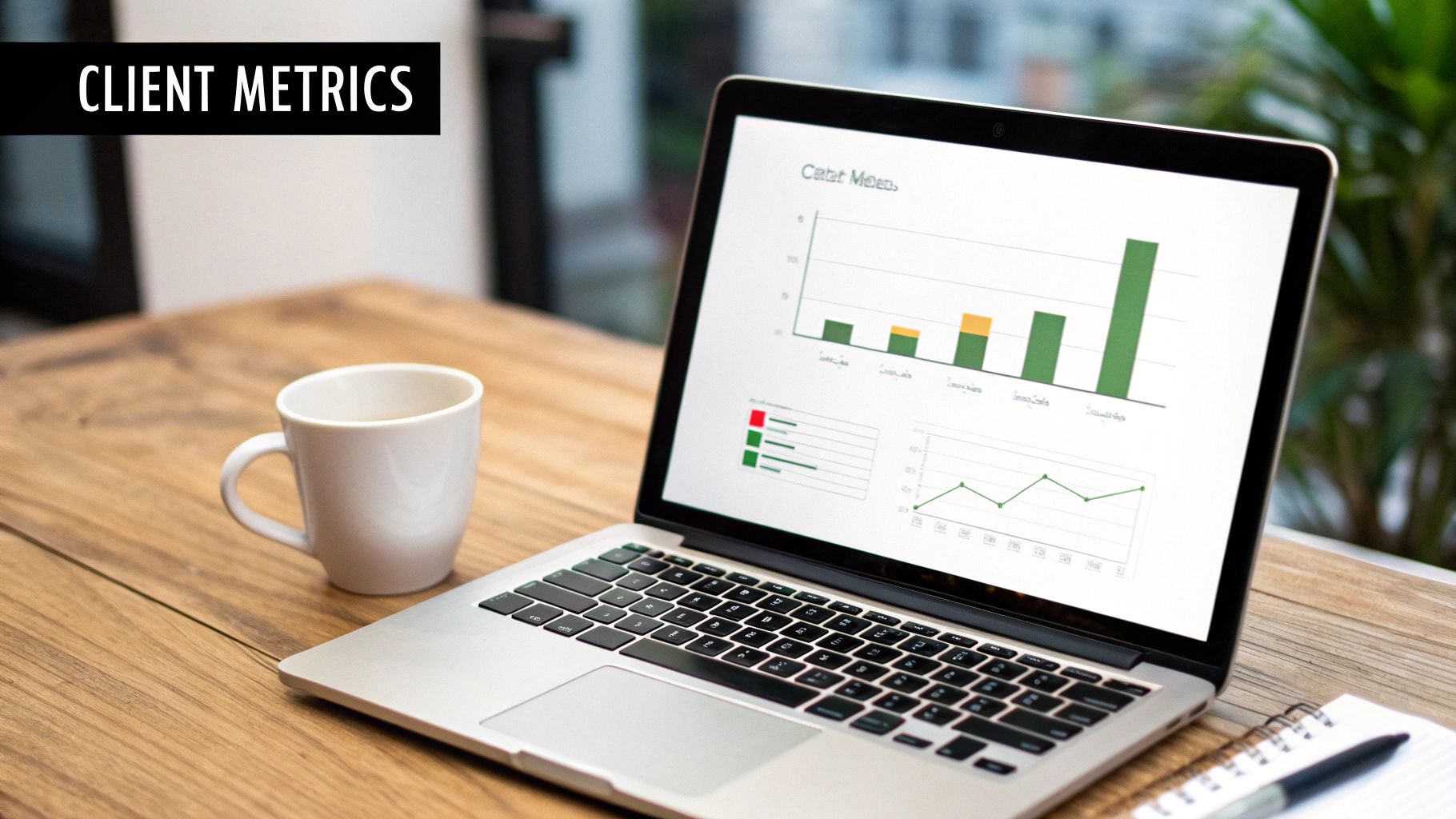 A laptop displaying client metrics graphs and charts on a wooden desk with a coffee mug, notebook, and pen.